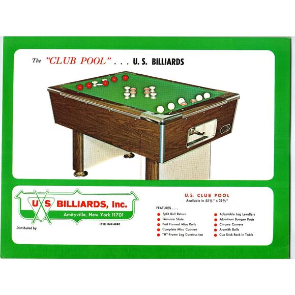 Vintage 1960s U.S. Billiards Club Pool Table Flyer Amityville NY - Picture 1 of 2